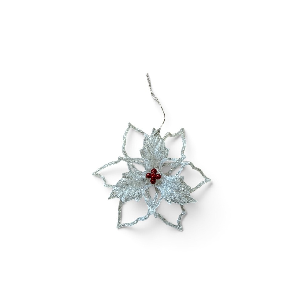 Silver Glitter Poinsettia Christmas Ornament Red Berry Accent Floral Decor